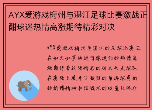 AYX爱游戏梅州与湛江足球比赛激战正酣球迷热情高涨期待精彩对决