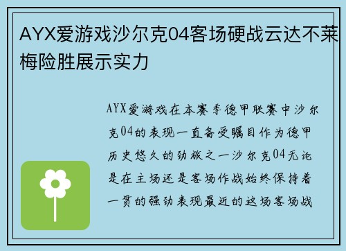 AYX爱游戏沙尔克04客场硬战云达不莱梅险胜展示实力