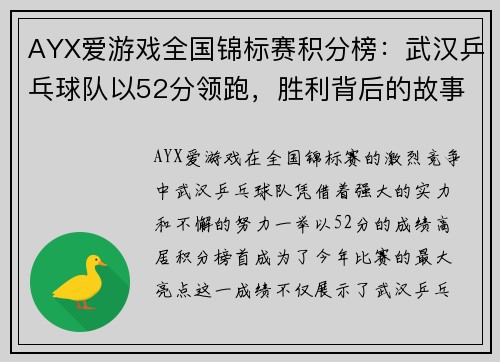 AYX爱游戏全国锦标赛积分榜：武汉乒乓球队以52分领跑，胜利背后的故事